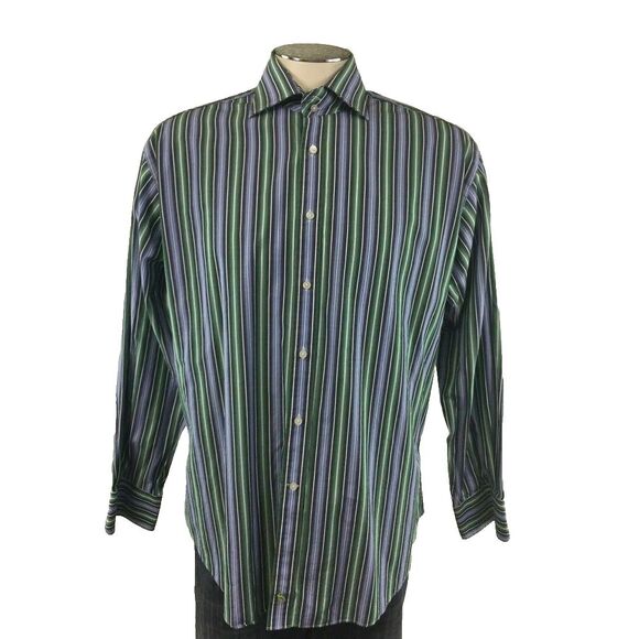 Tailorbyrd Button Front Shirt L Blue‎ Green Black White Stripe Mens - Picture 1 of 4